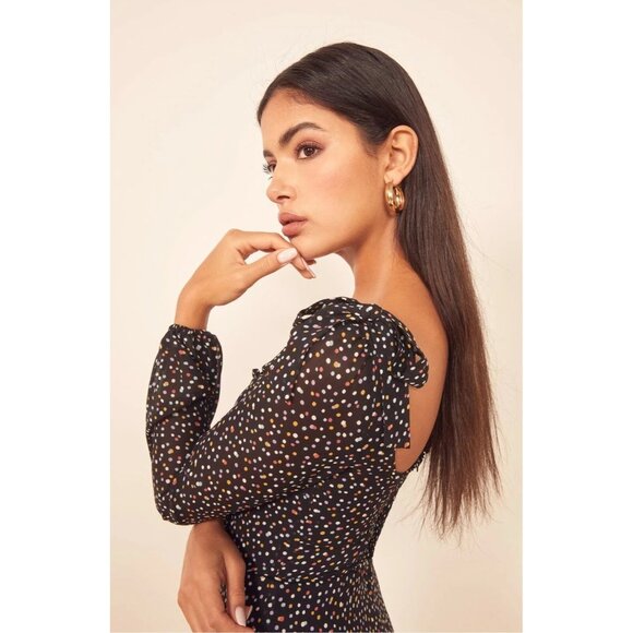 Reformation Elin Black Confetti Polka Dot Square Neck Bow Shoulder Mini Dress 4 - Picture 4 of 10